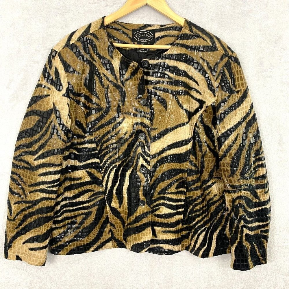 Selene Sport Button Up Jacket Womens Size 18W Tiger Print‎ Snakeskin Textured